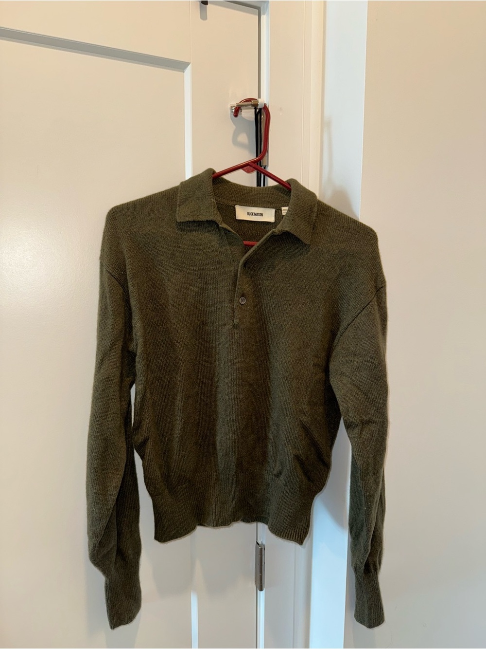 Buck Mason Moss Green V-Neck Knit Polo Sweater